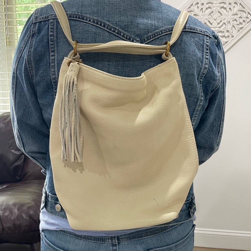 HOBO Cream Leather Hobo Backpack with Tassel